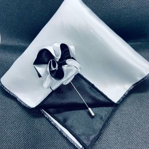 Satin reversible pocket square and lapel pin. Black & white. One of a kind.